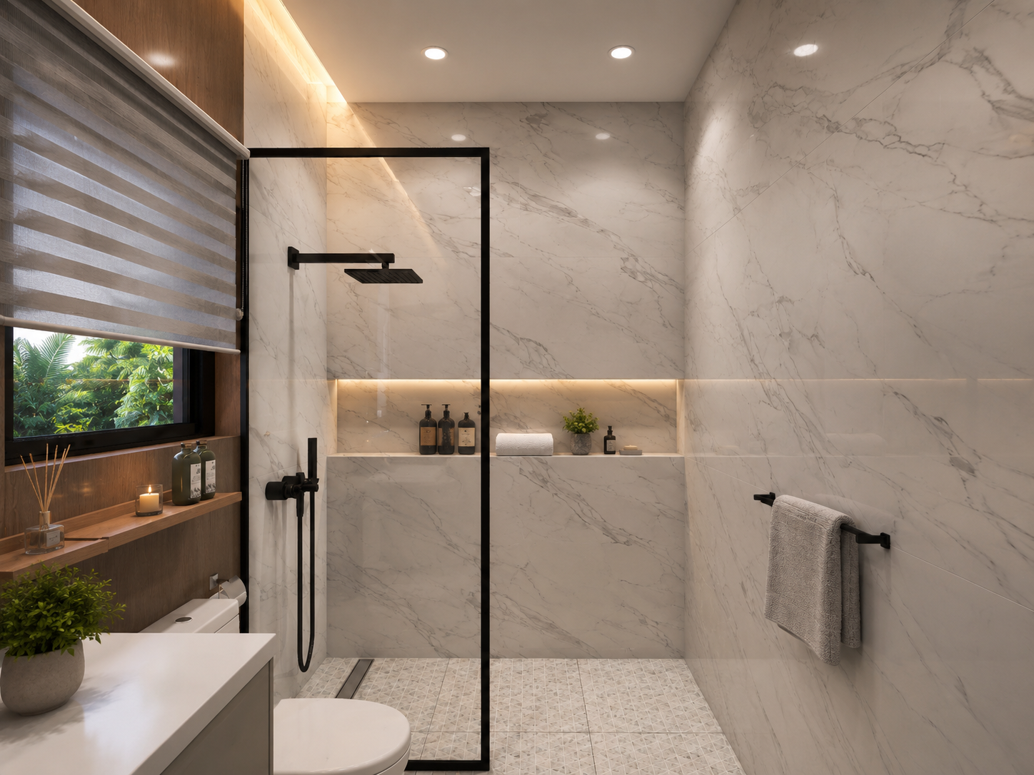 The Summit penthouse bathroom and shower, dusk